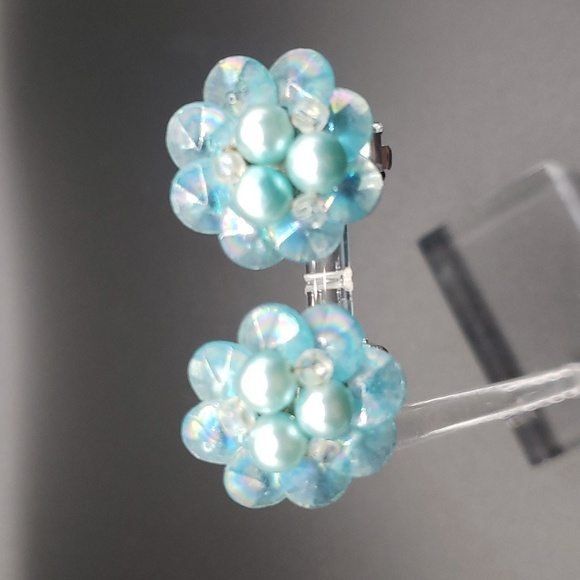 Vintage Icy Blue Pearl and Iridescent Beaded Earrings - Picture 1 of 4
